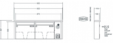 RENZ Briefkastenanlage Aufputz, Tetro, Edelstahl V4A, Kastenformat 370x330x100mm, mit Klingel - & Lichttaster und Vorbereitung Gegensprechanlage, 2-teilig